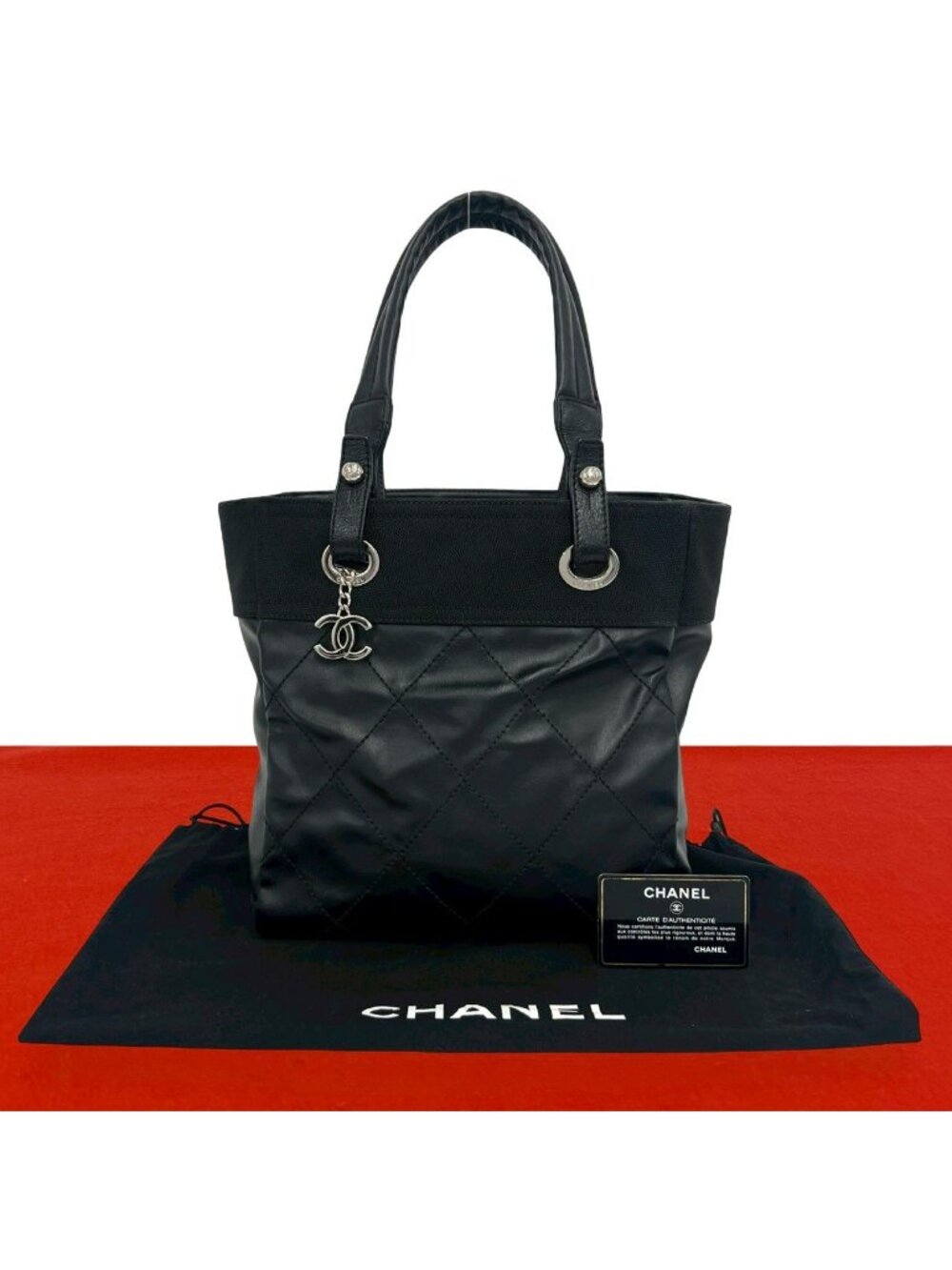 Chanel Card with No 19 Paris Biarritz PM Leather Tote Shoulder Bag Black